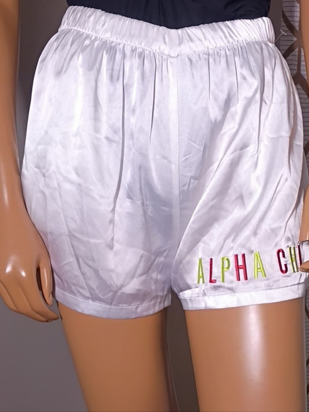 White Satin Athletic Shorts‎ with Embroidered Alpha Chi Detail